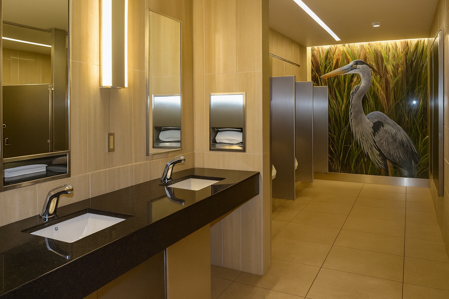 Stadium restroom with powder-coated fixtures